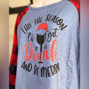 NWT "This The Season to get Drunk & Be Merry" Long Sleeve Plaid Santa Hat Shirt